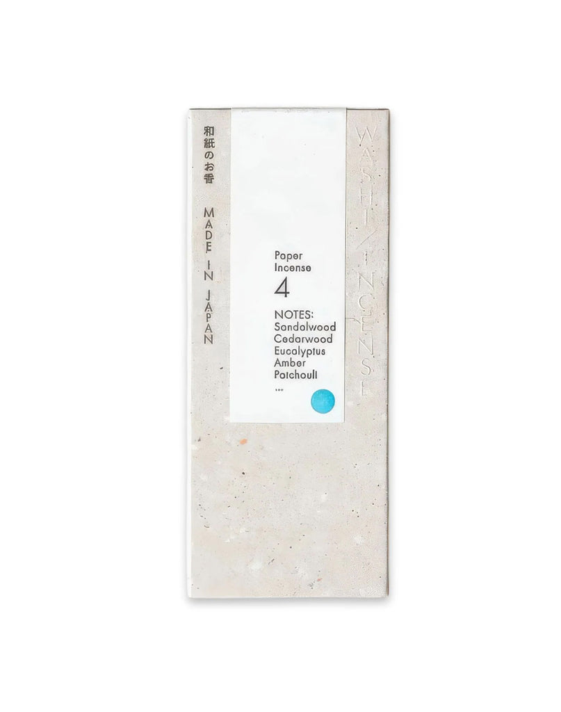 1 of 5.  White paper incense stick packaging with text and blue circle on a white background