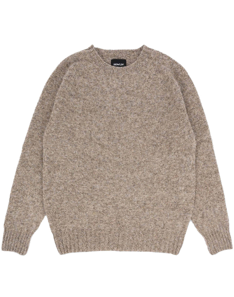 photo 1 of 2.  Front image of a classic collar sweater with rib cuff and waist in mushroom color wool with a brand label on a white background