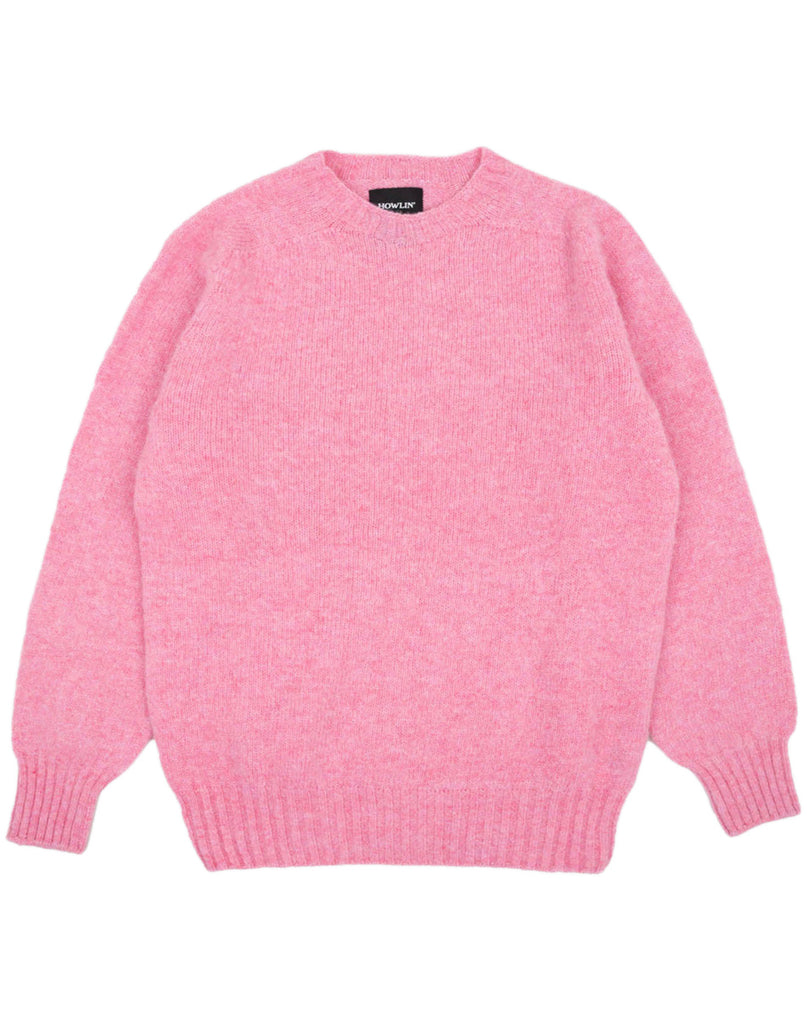 Photo 1 of 2.  Front view of pink wool sweater with black brand label with white background