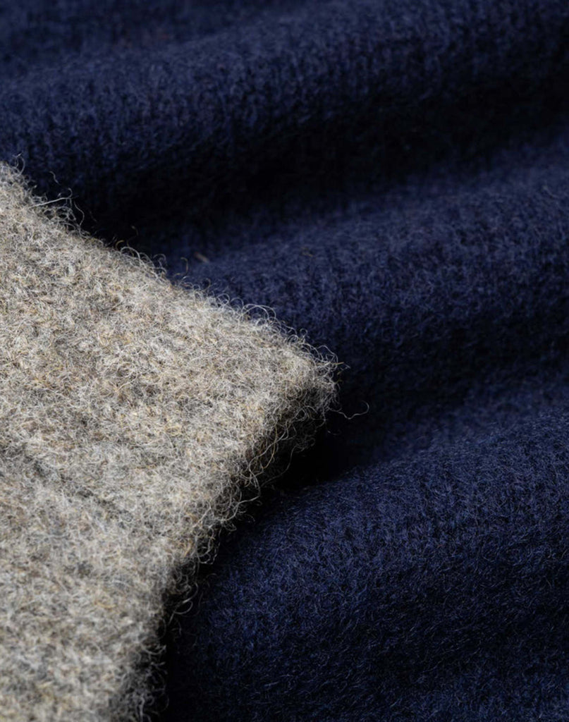 Photo 3 of 3. Close-up of navy blue and gray wool texture
