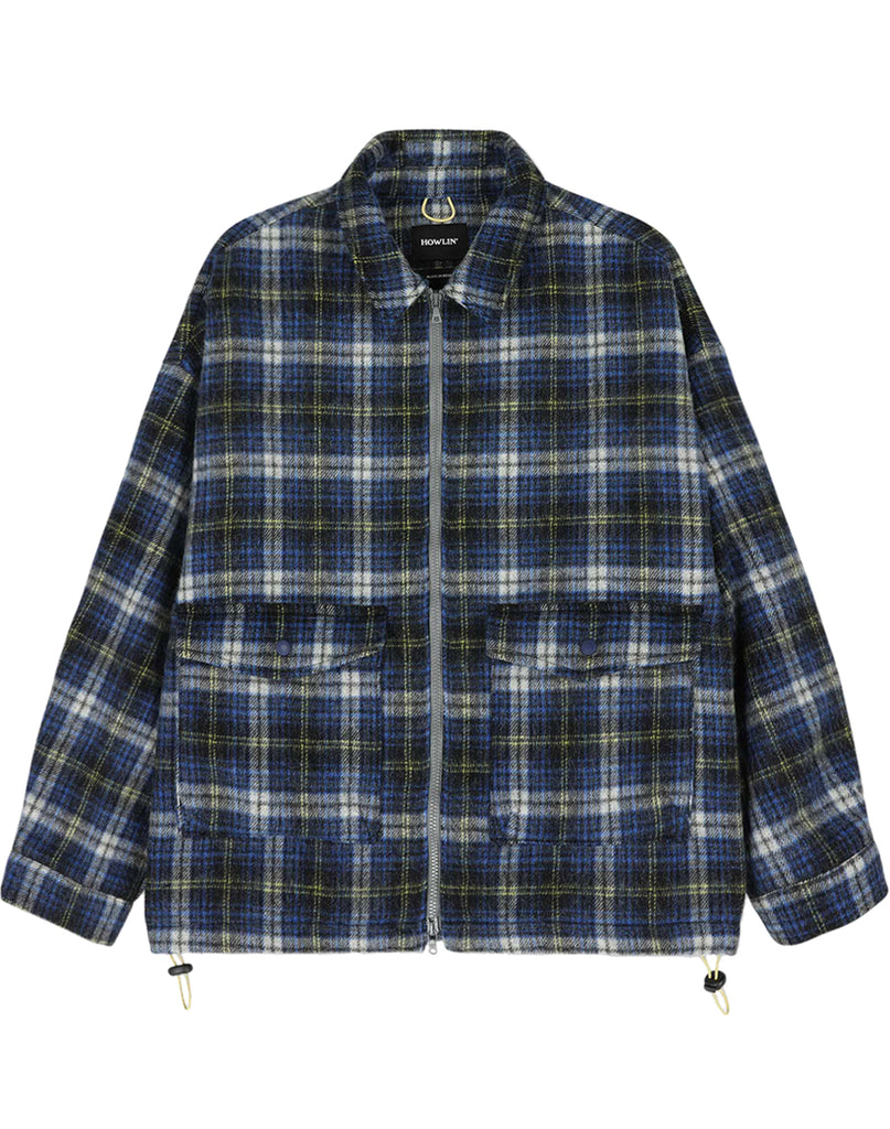 Howlin' blue, yellow and white plaid check shirt jacket with two fron flap pockets.  Two adjustable staps on waist.  1 of 5 slide