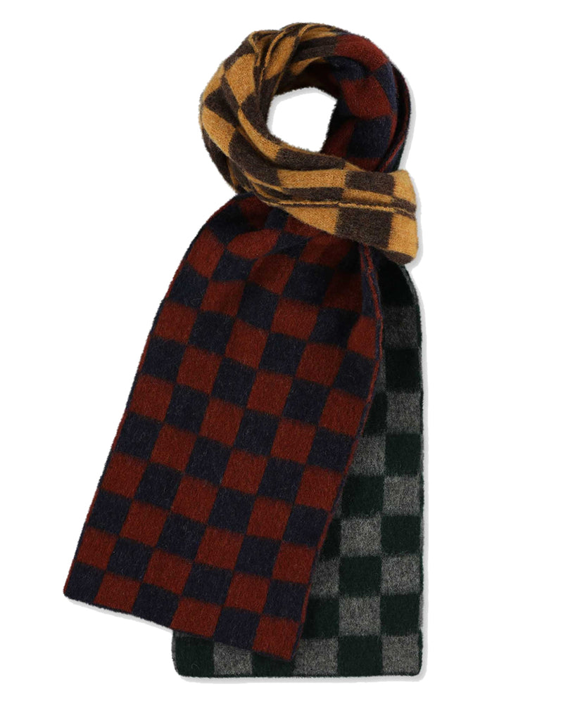 Howlin's Cosmic Checkerboard Scarf  shown looped.  The scarf has three checkerboard patterns: red and navy, brown and mustard, and grey and black.
Slide 1 of 2