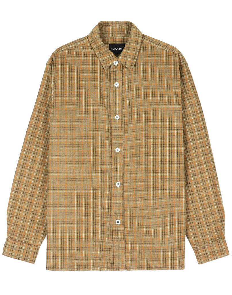 Howlin' Afterthought shirt with classic collarand white buttons.  Yellow, tan, orange and brown check.  Slide 1 or 3