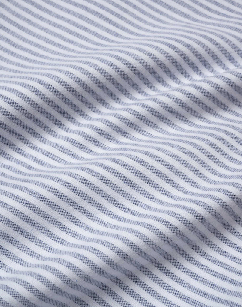 Howlin' Afterthought oxford close-up shot of blue and white stripe fabric.  Slide 3 of 3