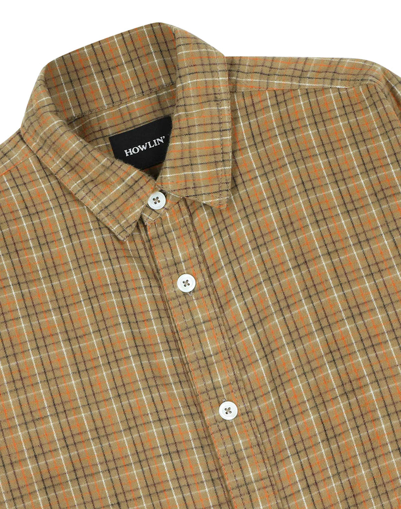 Howlin' Afterthought shirt close-up with classic collar and white buttons.  Yellow, tan, orange and brown check.  Howlin' black label inside the shirt.   Slide 2 of 3