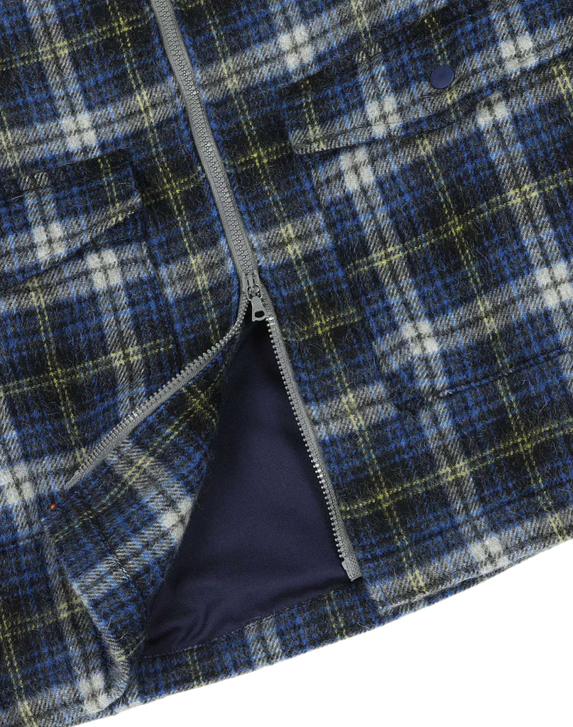 Howlin' Boxy Freedom shirt close-up of two way zip at the bottom hem of jacket.  Yellow, blue and white check fabric.  Slide 3 of 5 