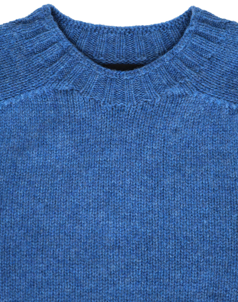 Howlin' Boxy Space knit sweater in bright blue wool.  Close up of rounded collar.  Slide 2 of 2.