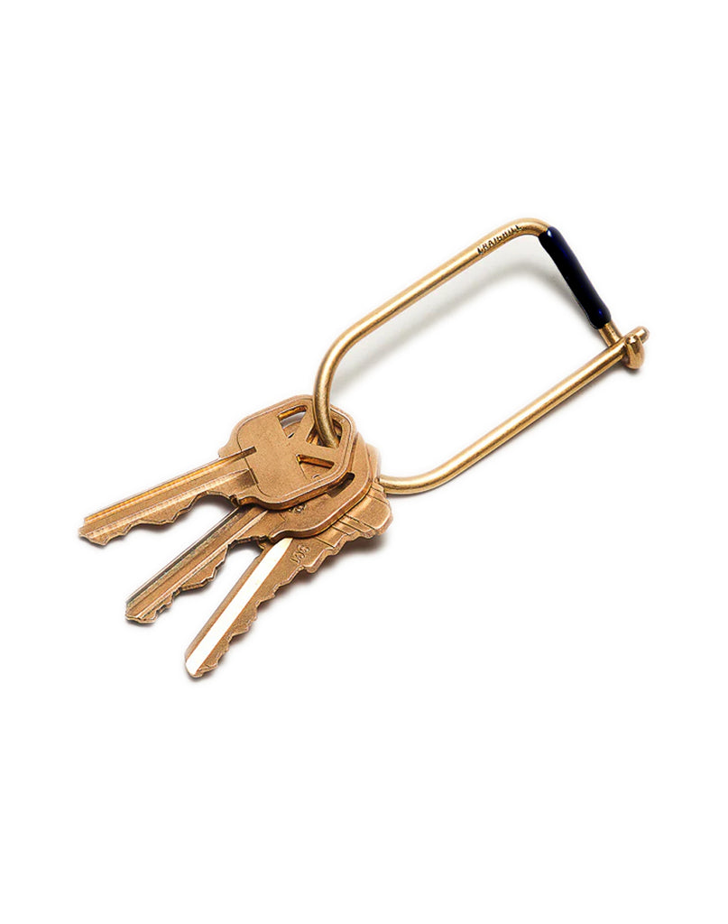 Set of keys attached to a brass keychain  with black band detail on a white background