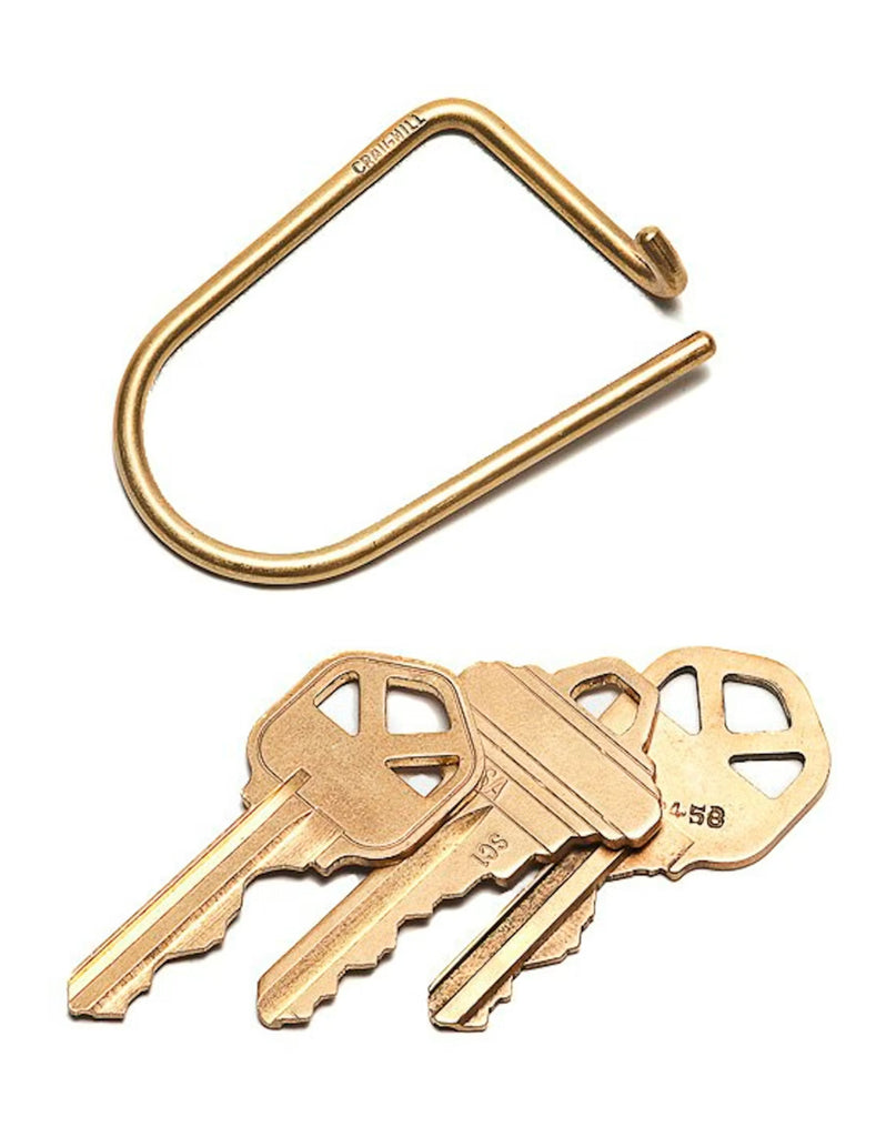 2 of 3.  Brass wired clip key chain on a white background with three keys below.
