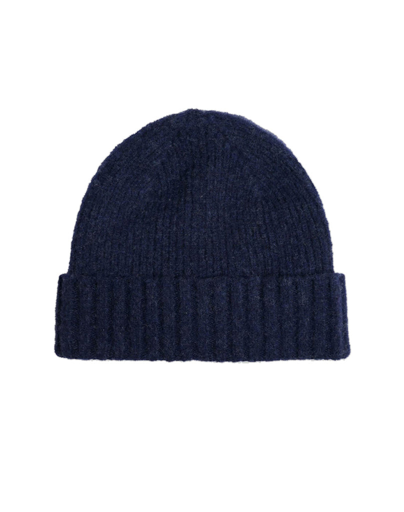 Navy blue wool knit beanie on a white background