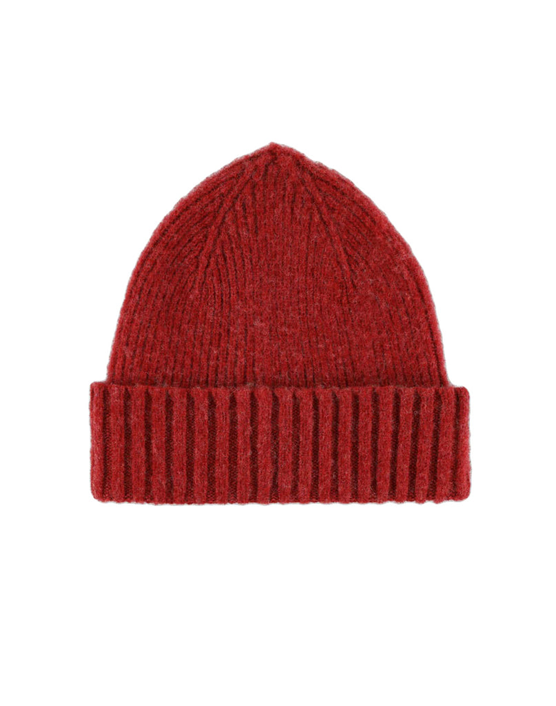 Red knit wool beanie on a white background