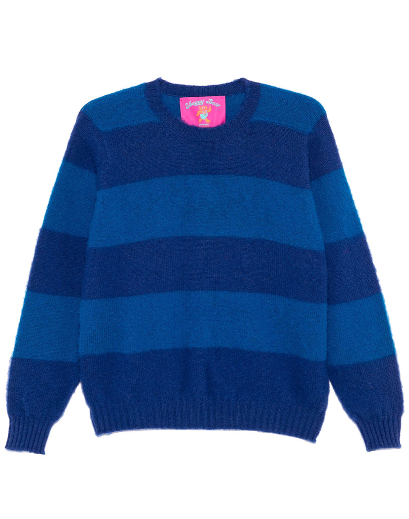 Photo 1 of 2.  Blue striped wool sweater on a white background with pink "Shaggy Bear" brand label