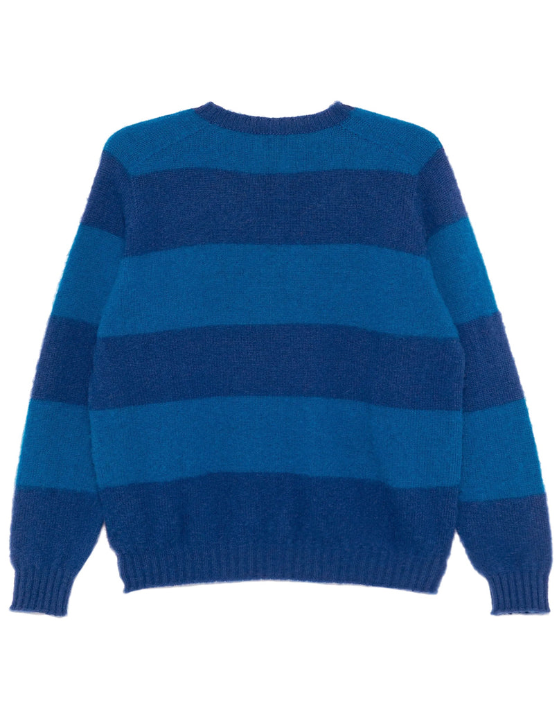 Photo 2 of 2.  Backside view of a blue striped wool sweater on a white background