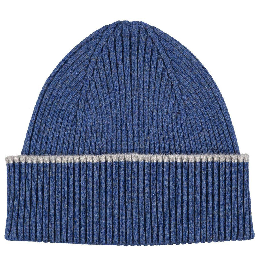 Blue Lambswool Ribbed Beanie